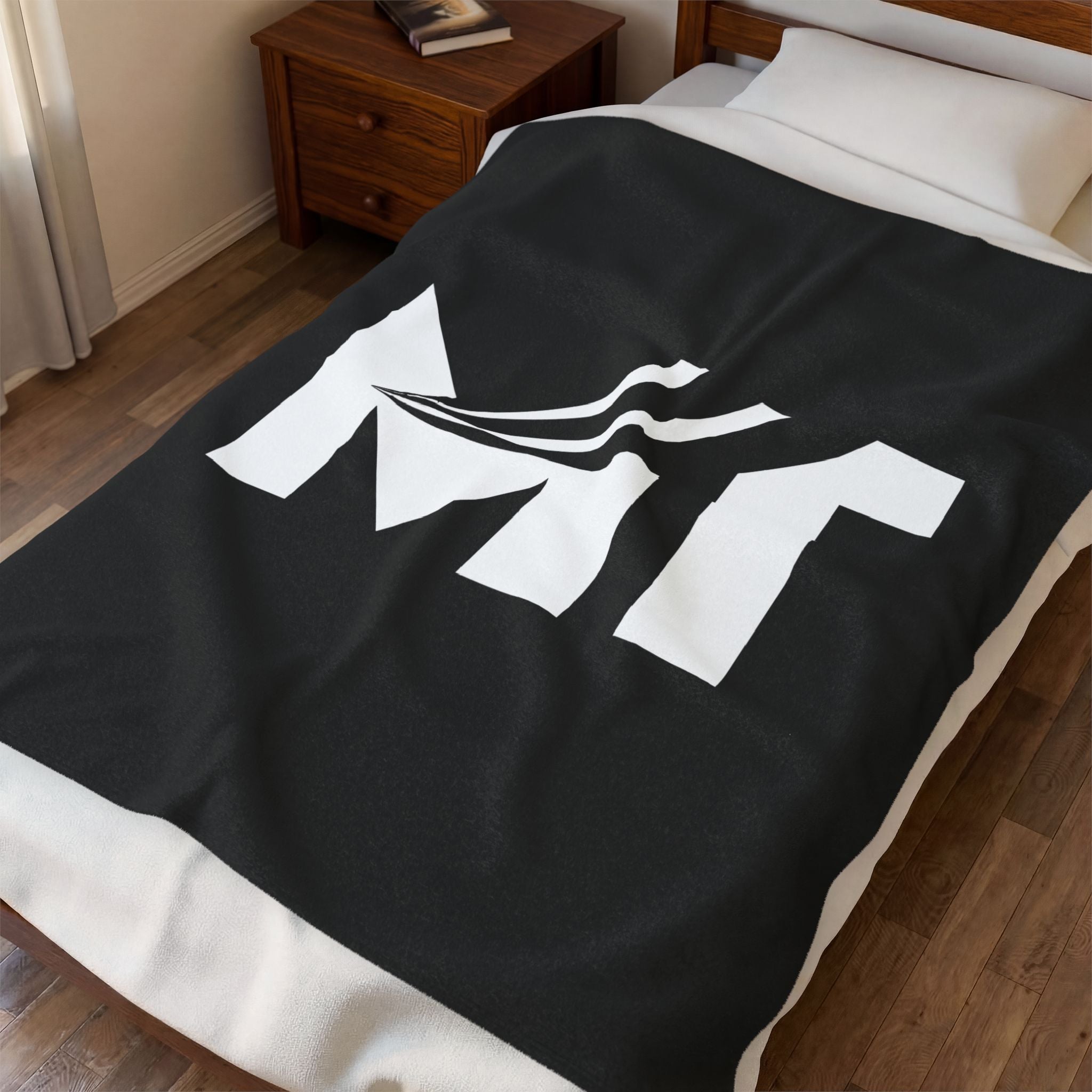 Velveteen Plush Blanket – Minimalist Black & White 'MT' Logo Throw