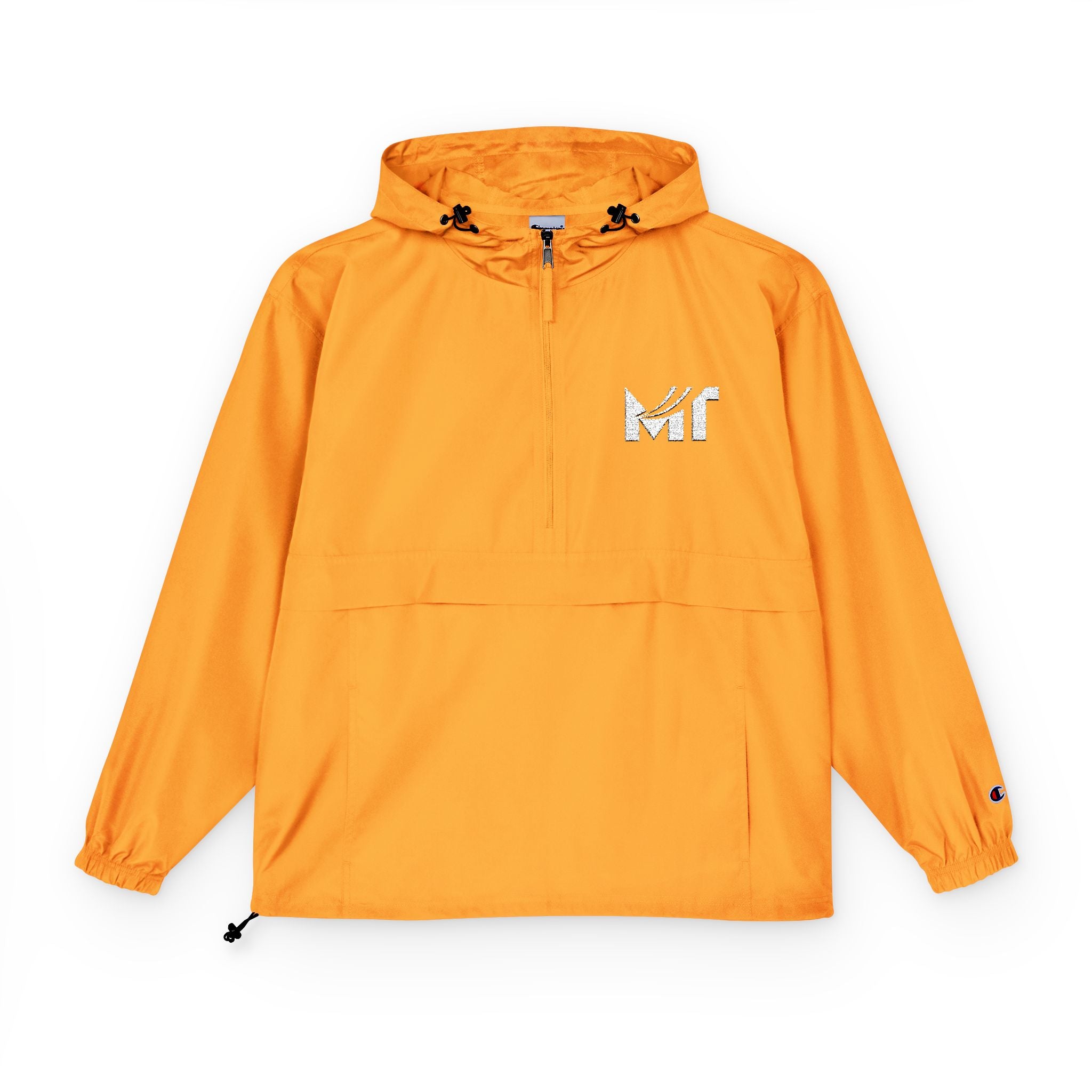 Packable Orange Anorak Jacket — Lightweight Hooded Windbreaker with 'MF' Floral Logo