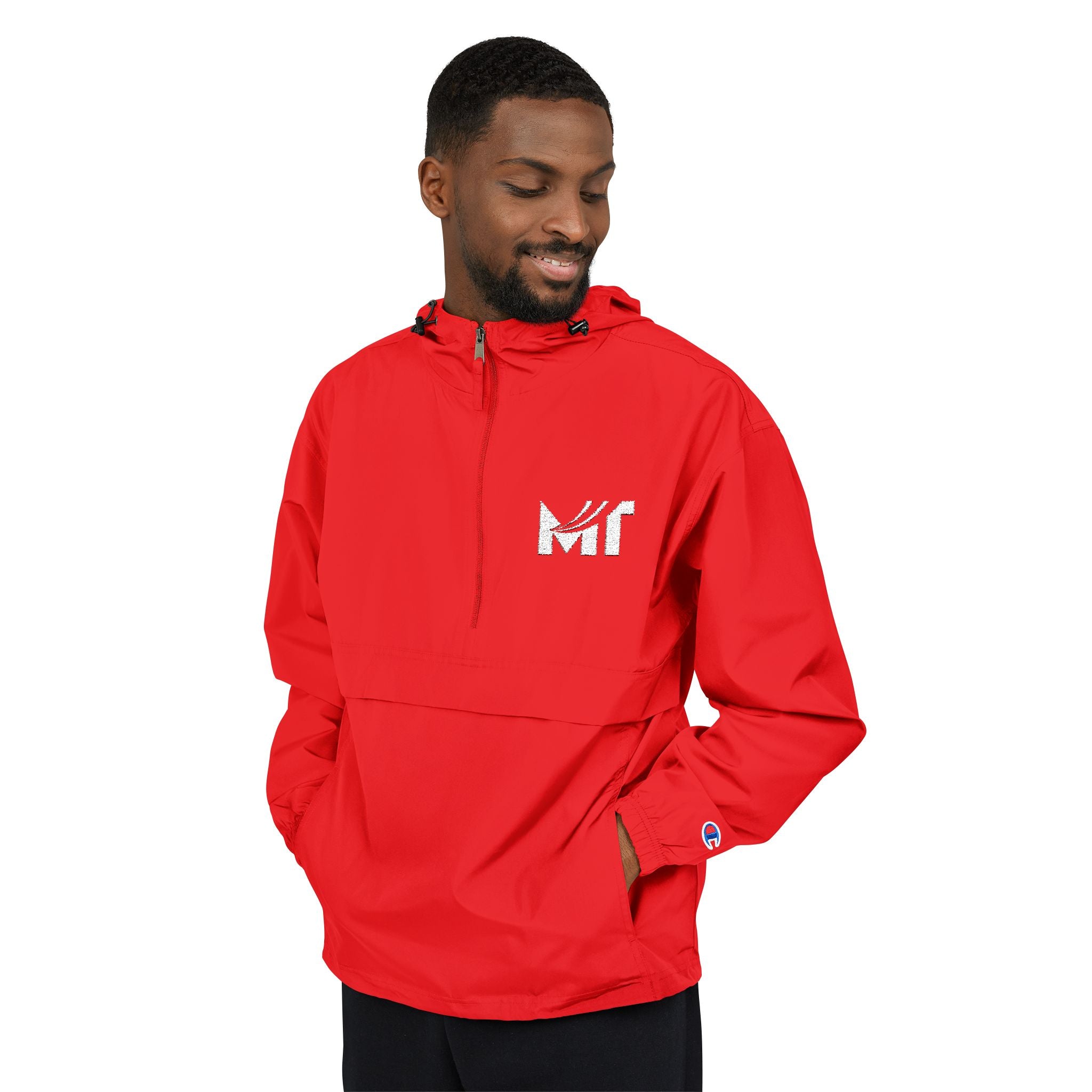 Packable Orange Anorak Jacket — Lightweight Hooded Windbreaker with 'MF' Floral Logo