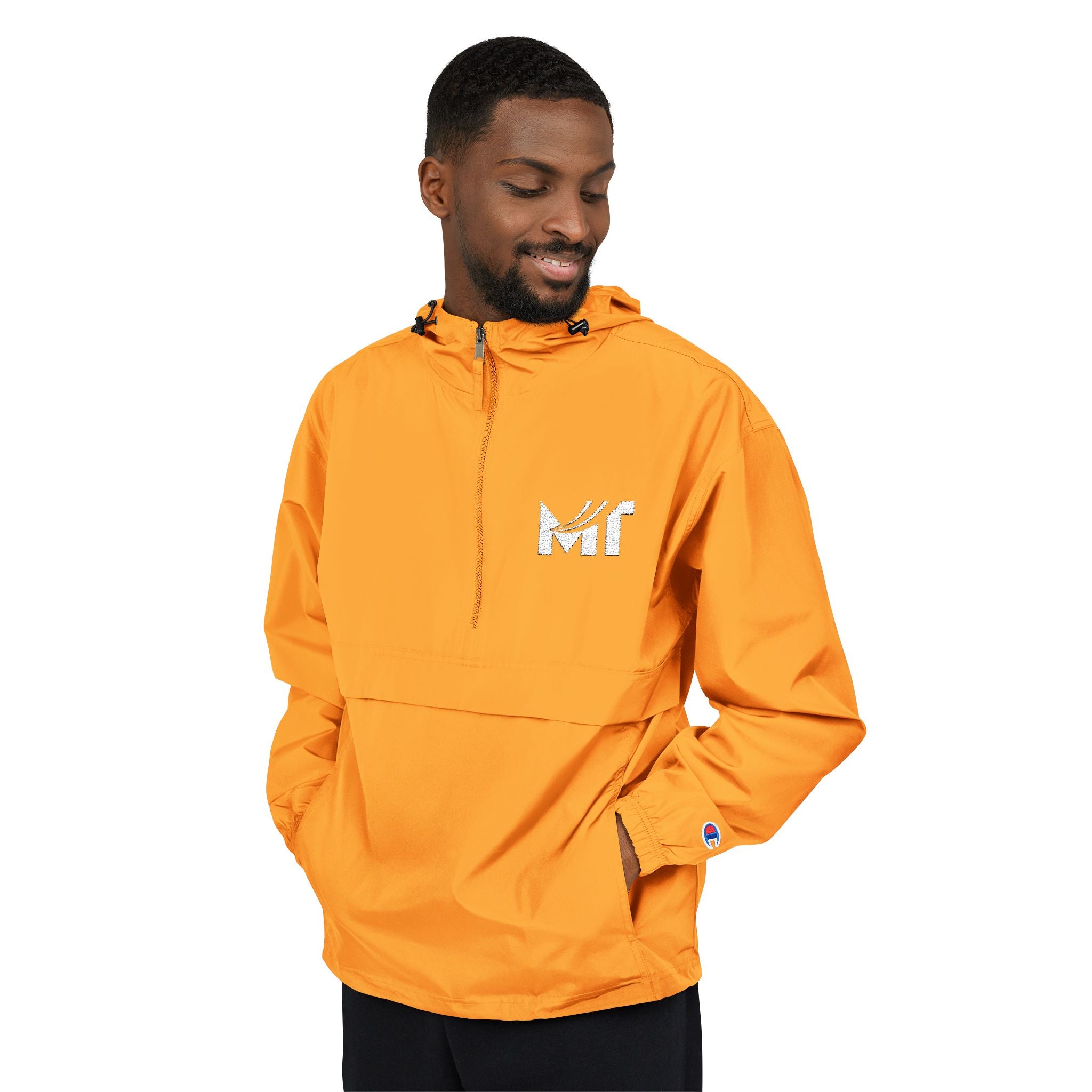 Packable Orange Anorak Jacket — Lightweight Hooded Windbreaker with 'MF' Floral Logo
