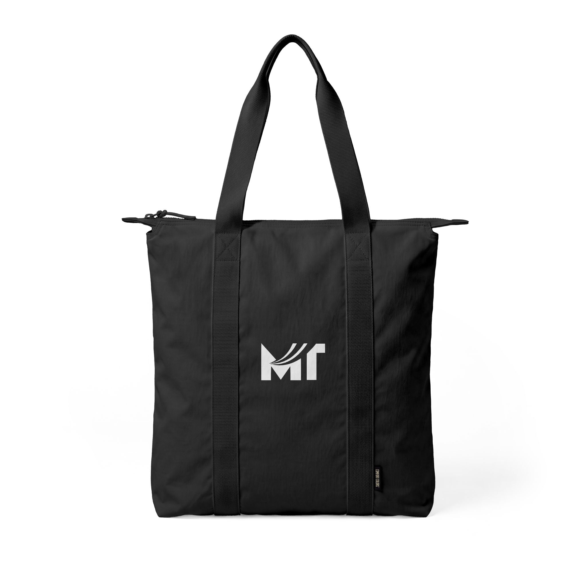 Tote — Minimalist Black Nomad Carry-All Tote Bag with White MT Logo